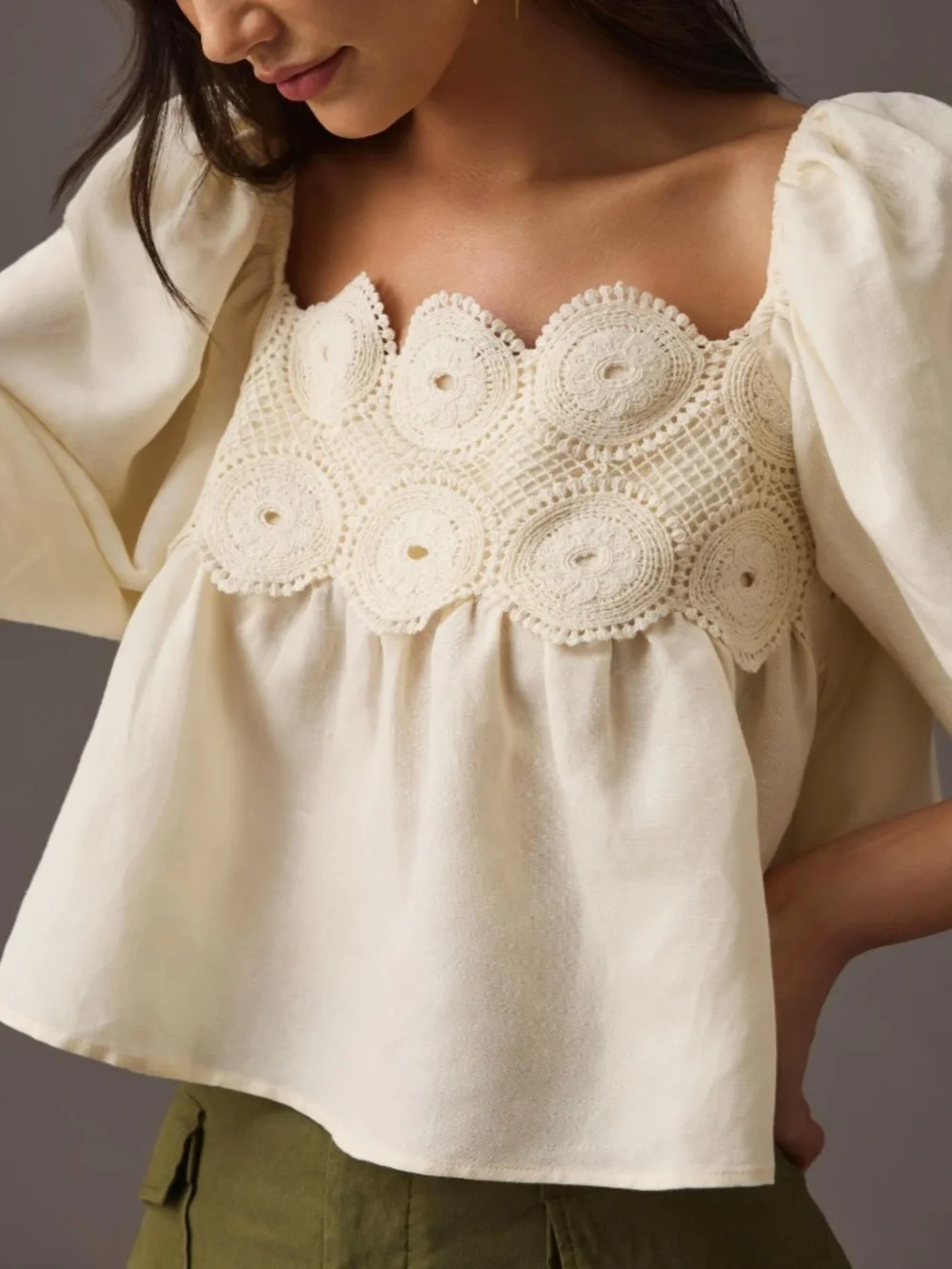 Anthropologie Baby Doll Crochet Puff Sleeve Top
